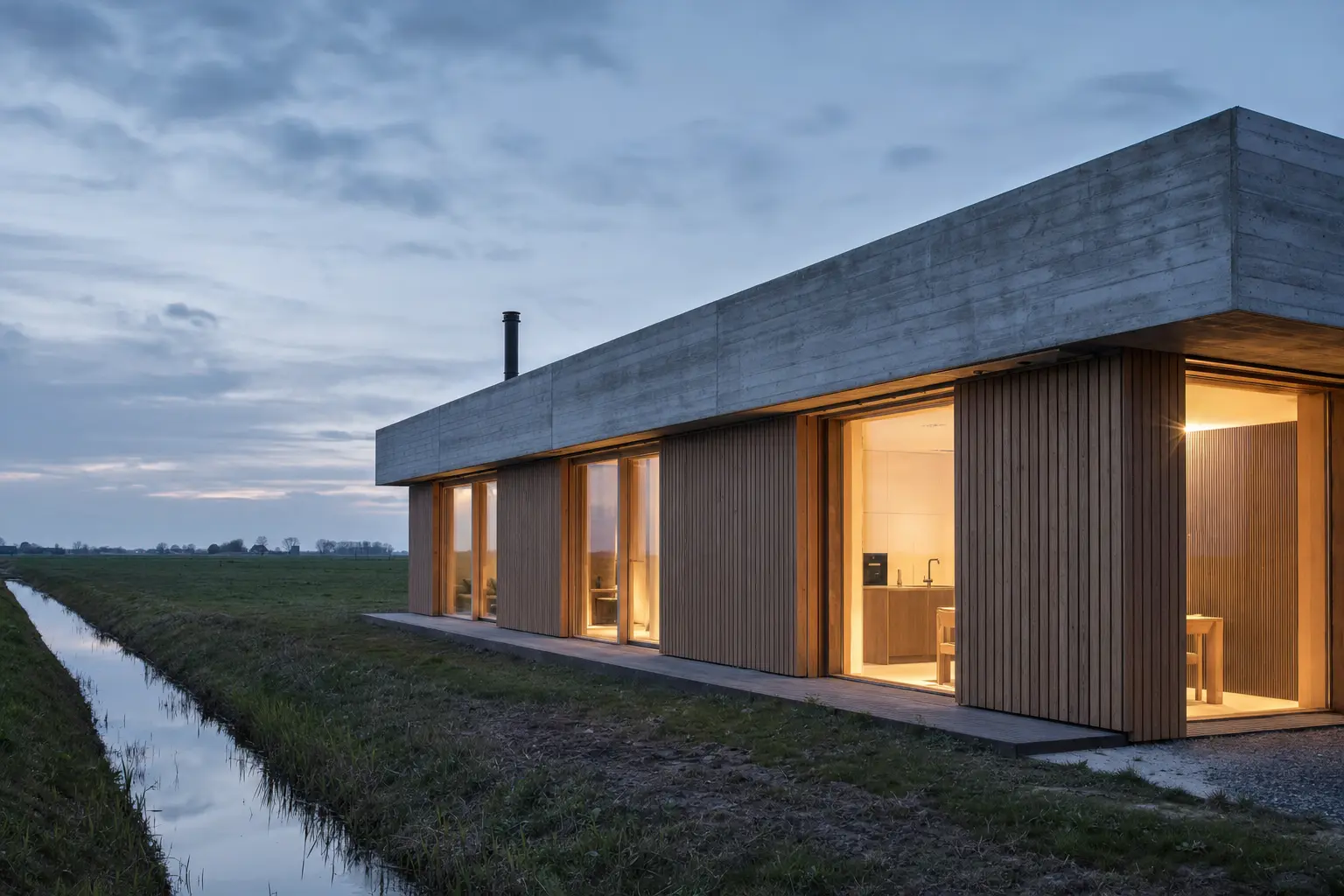 Huis Wierde: laag huis van beton en hout bij schemering in het vlakke Groninger land
