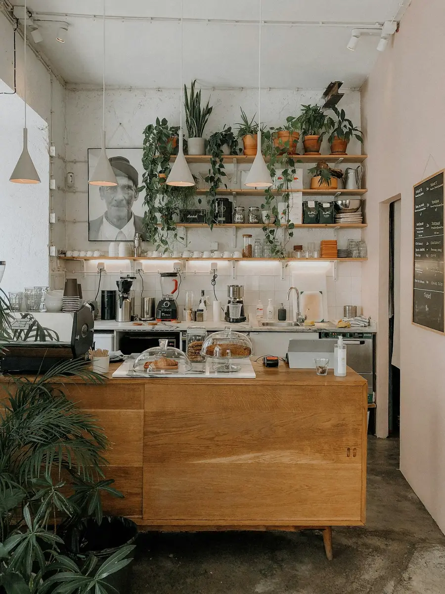 Houten bar met daarboven een plank vol planten